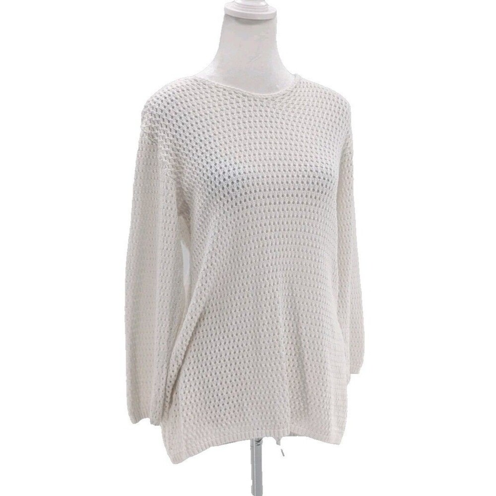 White Crochet Boho Open Knit Round Neck Layering Long Sleeve Blouse Top Size M